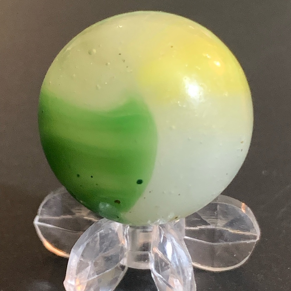 Vintage Akro Agate Peltier Marble King Opaque Base Green & Yellow Swirl .67"